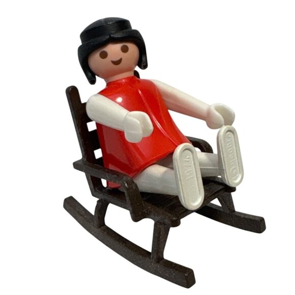 Vintage 1974 Geobra Playmobil Figure In Red Outfit With Miniature Wooden Rocking - Picture 1 of 7